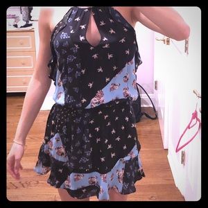 Printed ruffle halter dress with smocked waist